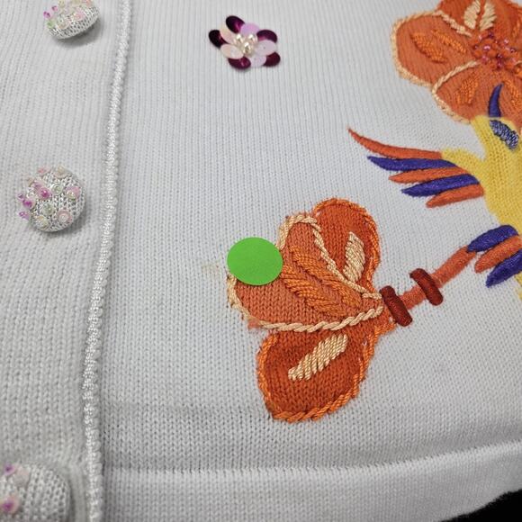 Quacker Factory Cardigan Sweater sz L White Multi Hummingbird Flowers Sequins - Picture 11 of 16